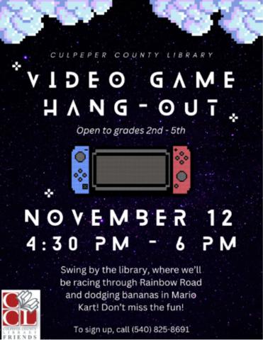 Come join us for some Mario Kart fun on the Switch! Open to kids in 2nd through 5th grade. All you need to bring is your winning attitude—everything else is provided!