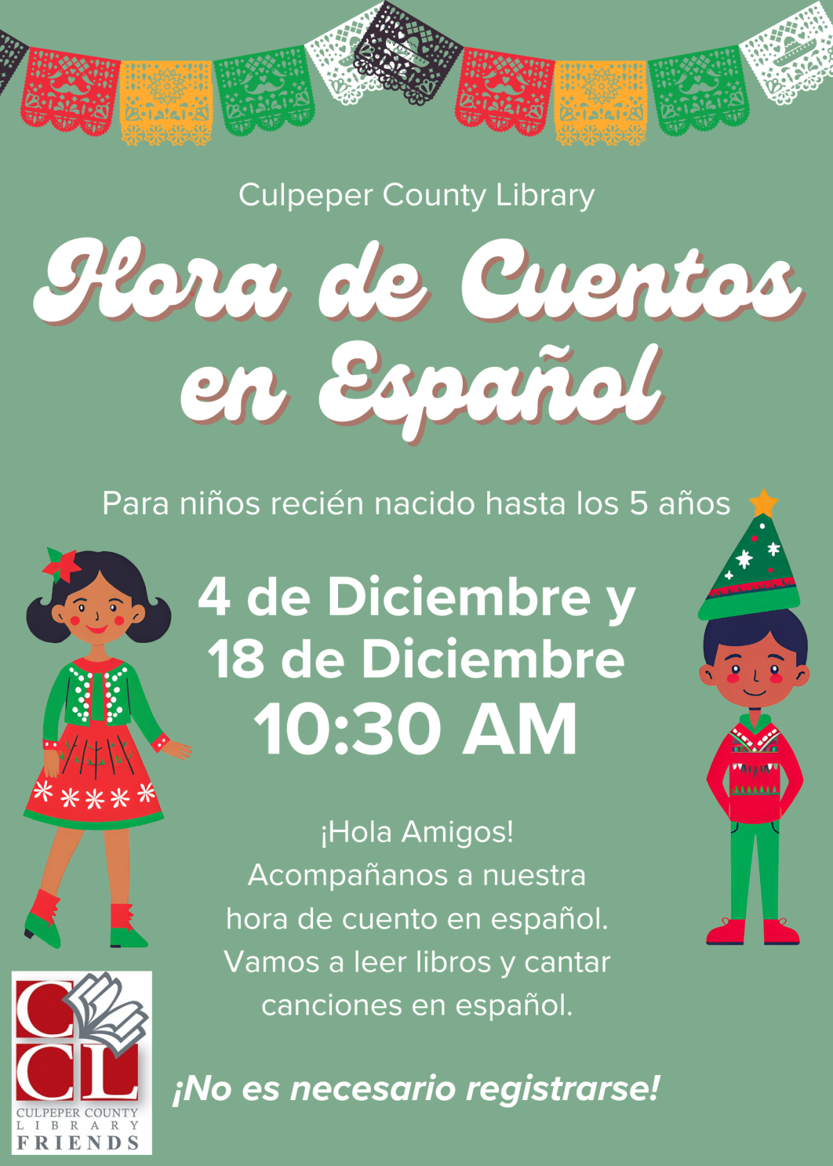 Young Spanish speakers dressed in Holiday colors look eager to dance and sing in Spanish